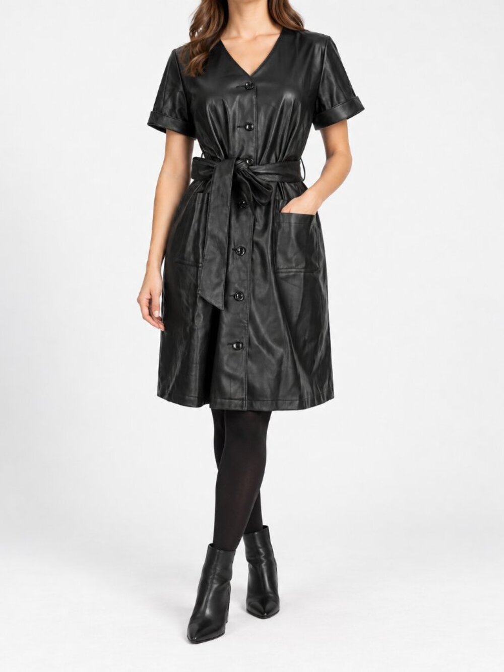 Morgan Taylor Women’s Black Faux Leather Short-Sleeve Belted Dress w Pockets, L